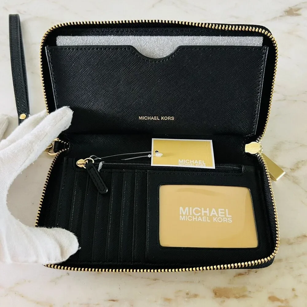 MICHAEL KORS Black Leather Flat Multi Function Phone Case Zip Wallet Wristlet